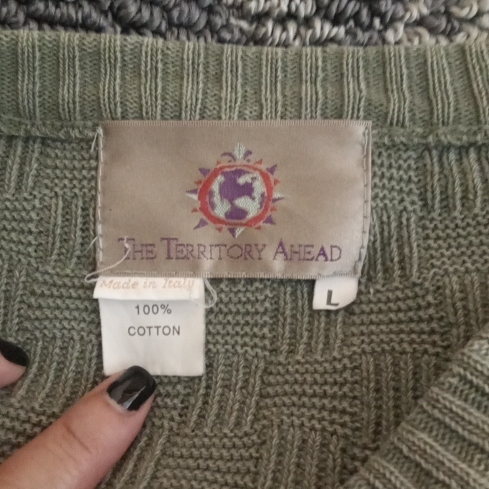 The Territory Ahead Green V-Neck Sweater Made In Italy Cotton Mens Large - Picture 4 of 8